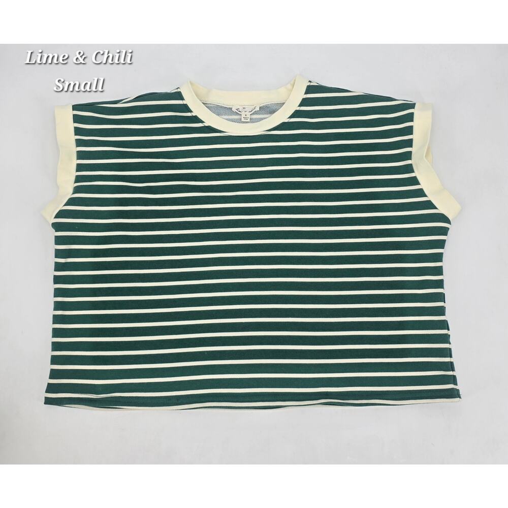 Lime & Chili Green Striped Boxy Tee Small Oversized Crop Top Coastal Casual